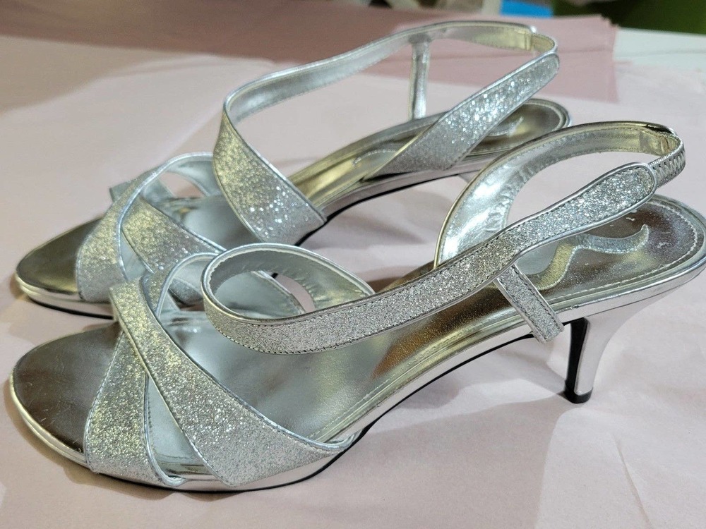 Nina Slingback Silver Sparkle Strappy Heel Size 10